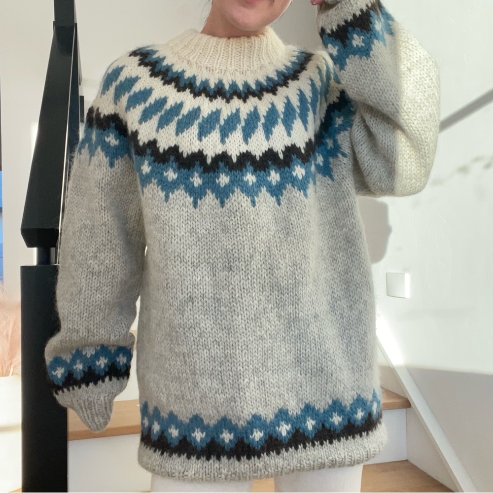 Vintage Iceland Sweaters Fair Isle Nordic Pure Wool Hand Knit Chunky Sweater XL